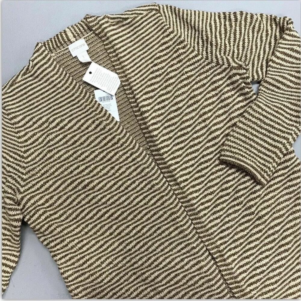 Chicos Cardigan Duster Sweater Neutral Shine Lani Metallic Tan Gold Size 1 NEW